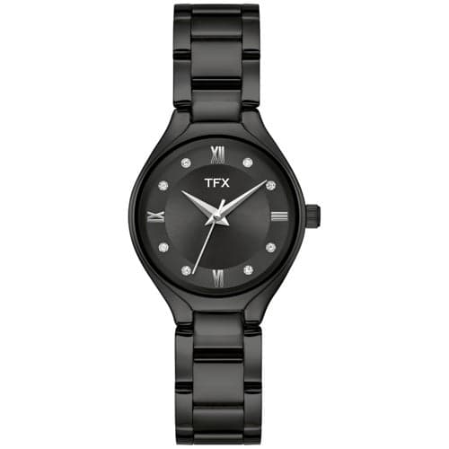 Ladies' TFX Black IP Stainless Steel Watch w/ Crystal Markers, Black Dial